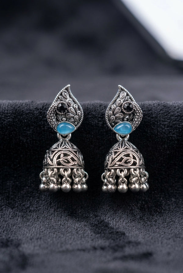Sea Blue Oxidized Silver-Tone Leaf Jhumka Earrings with Carved Dome & Ghungroo Beads for Women - Sea blue