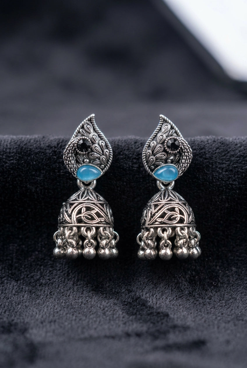 Sea Blue Oxidized Silver-Tone Leaf Jhumka Earrings with Carved Dome & Ghungroo Beads for Women - Sea blue