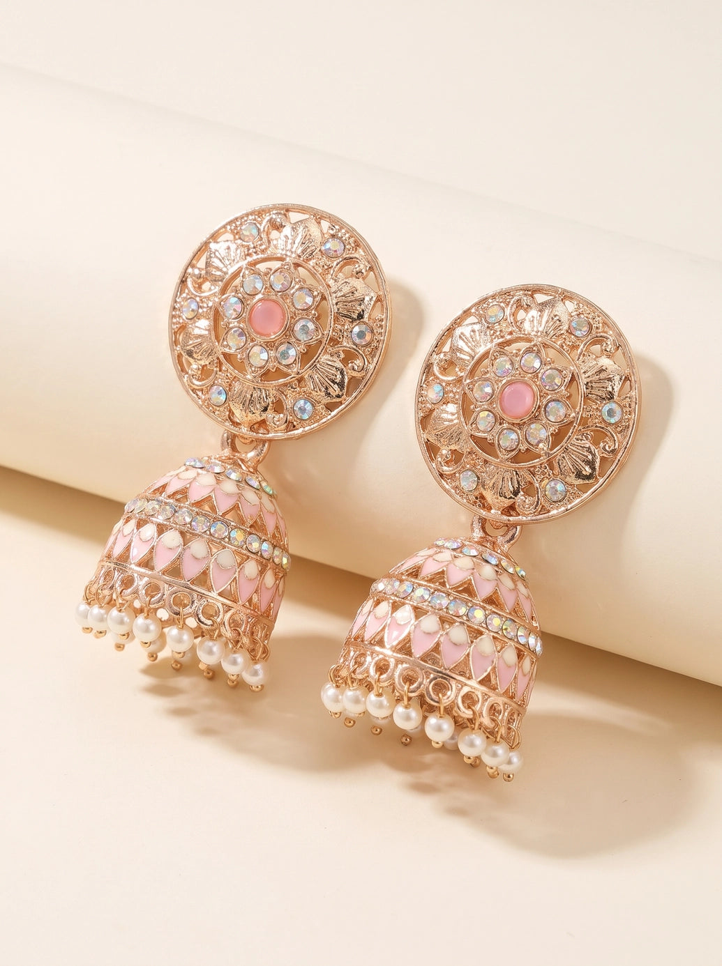 Traditional Jhumka Earrings Gold-Tone Floral Stud with Multicolor Stones and White Bead Drops (Black/Lavender/Peach)