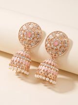 Traditional Jhumka Earrings Gold-Tone Floral Stud with Multicolor Stones and White Bead Drops (Black/Lavender/Peach)