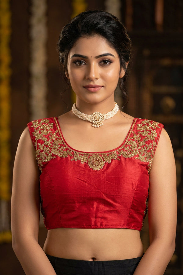 Red Readymade Designer Padded Blouse with Golden Aari Work Floral Motifs, Sleeveless Back Knot, Fully Stitched