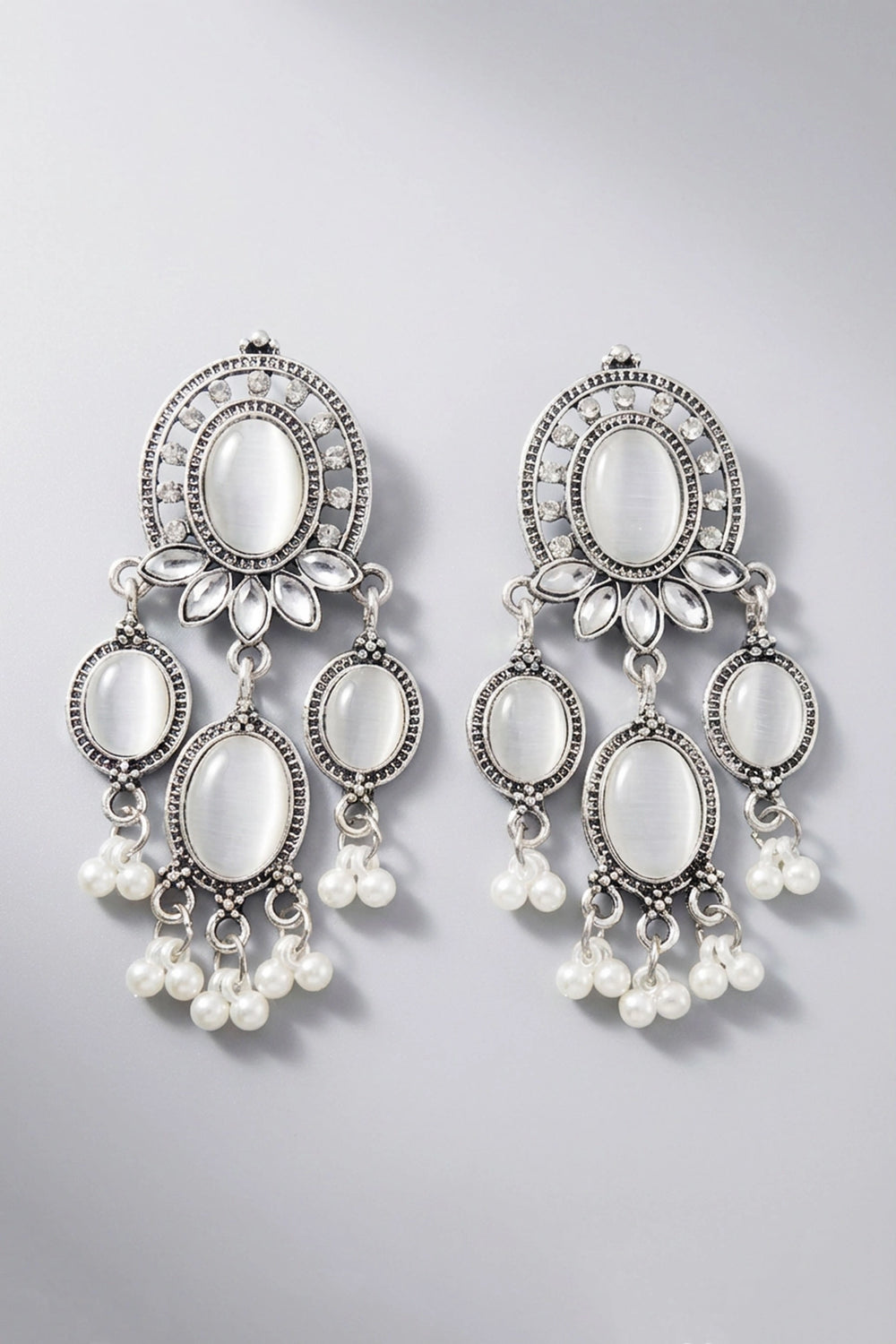Grey Oxidized Silver-Tone Oval Stone Chandbali Earrings with Pearl Drop Beads for Women - Grey