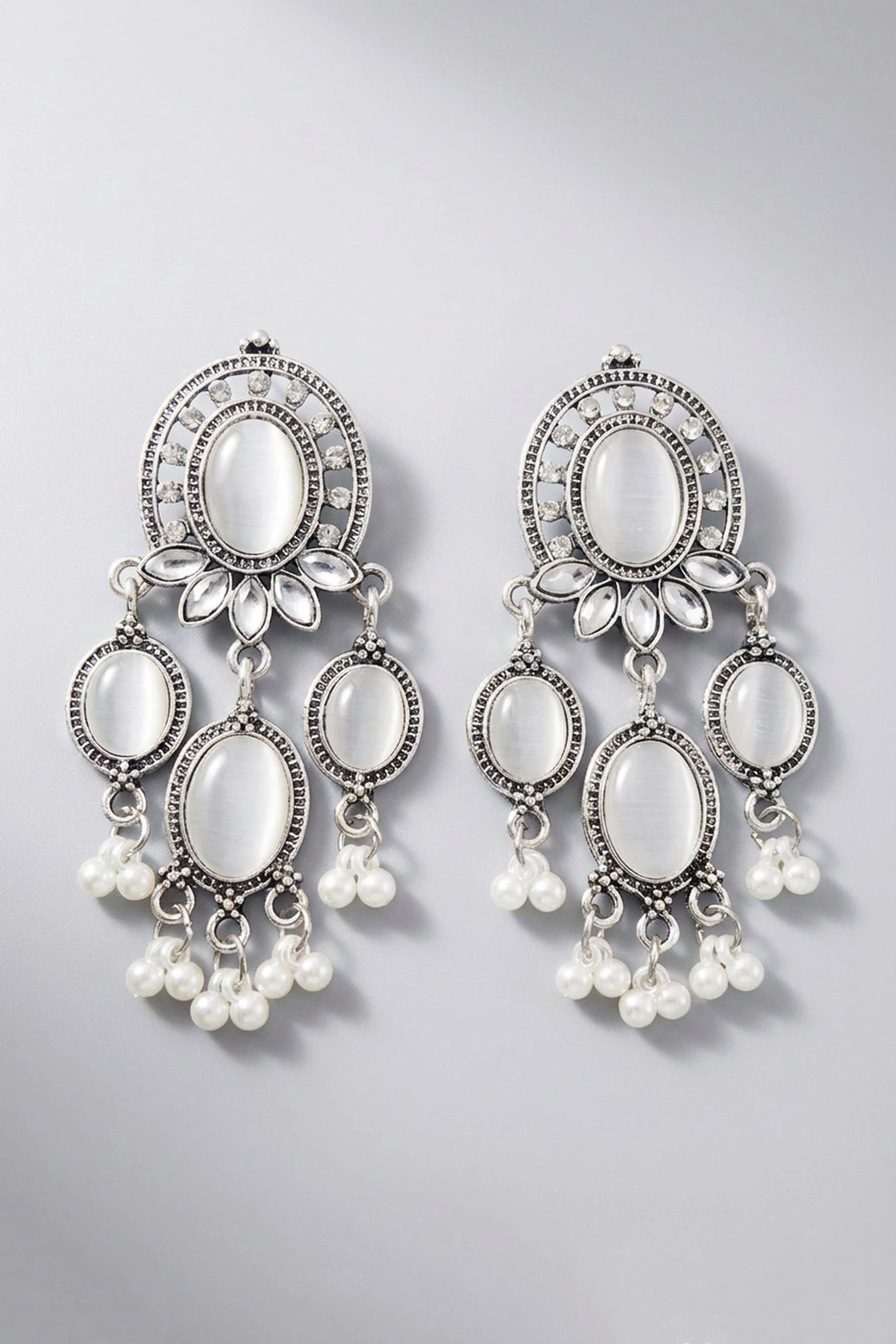 Grey Oxidized Silver-Tone Oval Stone Chandbali Earrings with Pearl Drop Beads for Women - Grey