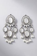 Grey Oxidized Silver-Tone Oval Stone Chandbali Earrings with Pearl Drop Beads for Women - Grey