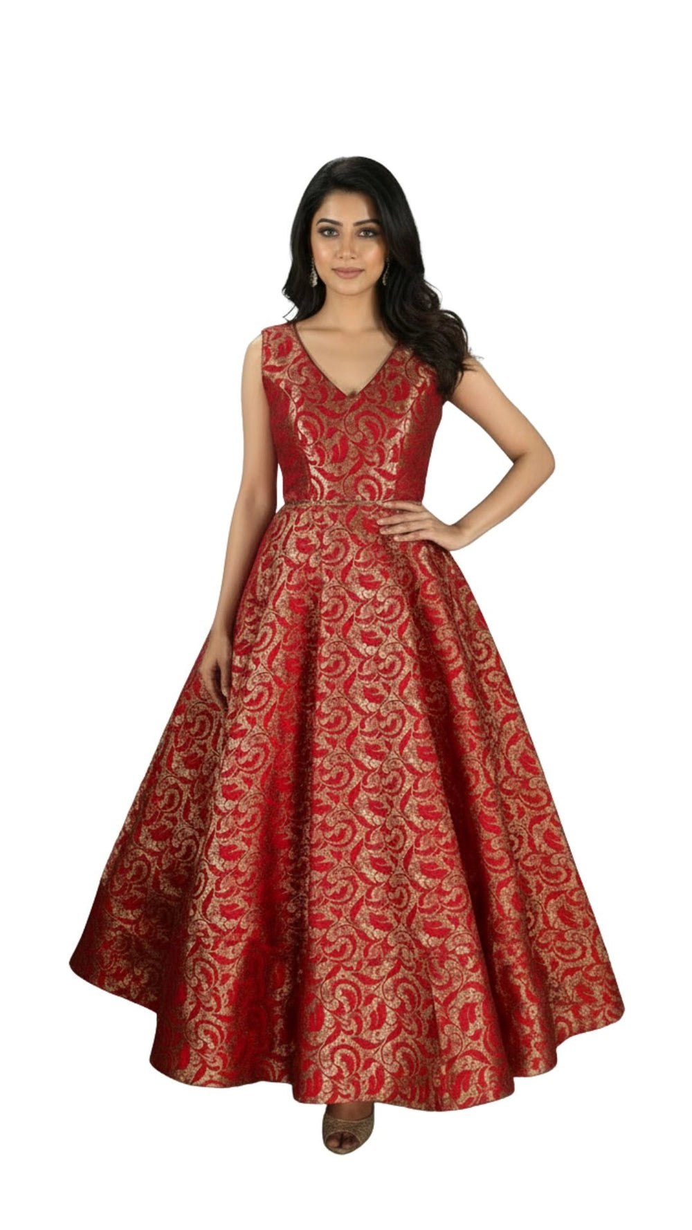 Red Brocade Silk Lehenga with Sleeveless Matching Blouse, Floral Paisley Zari Woven Motifs - Red