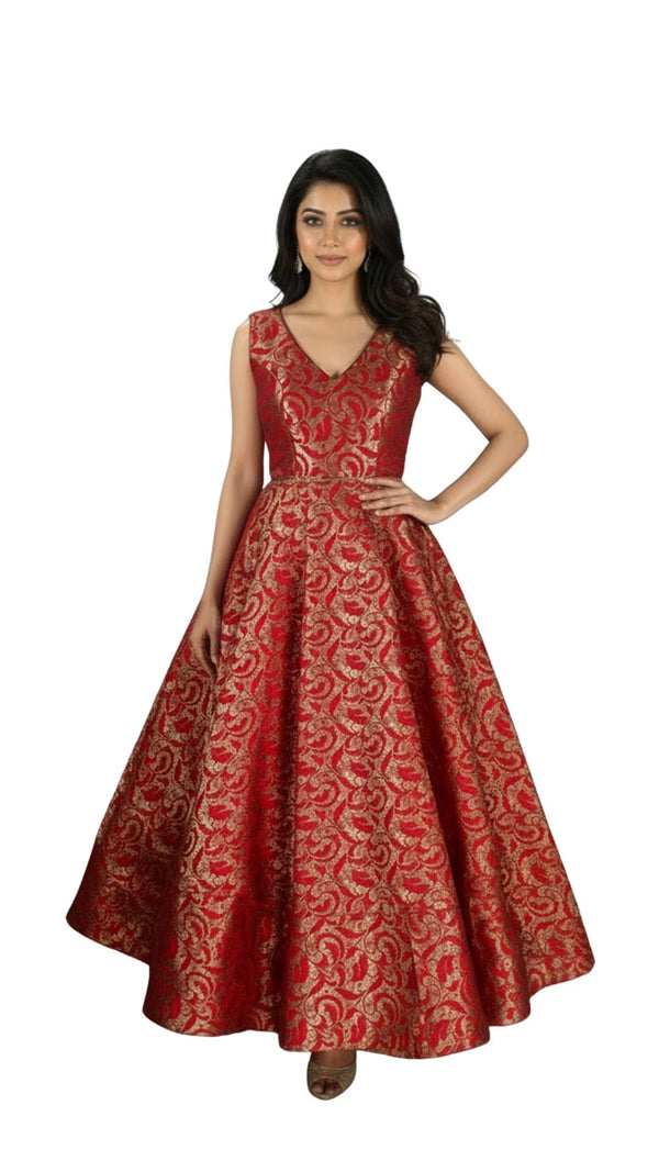 Red Brocade Silk Lehenga with Sleeveless Matching Blouse, Floral Paisley Zari Woven Motifs - Red