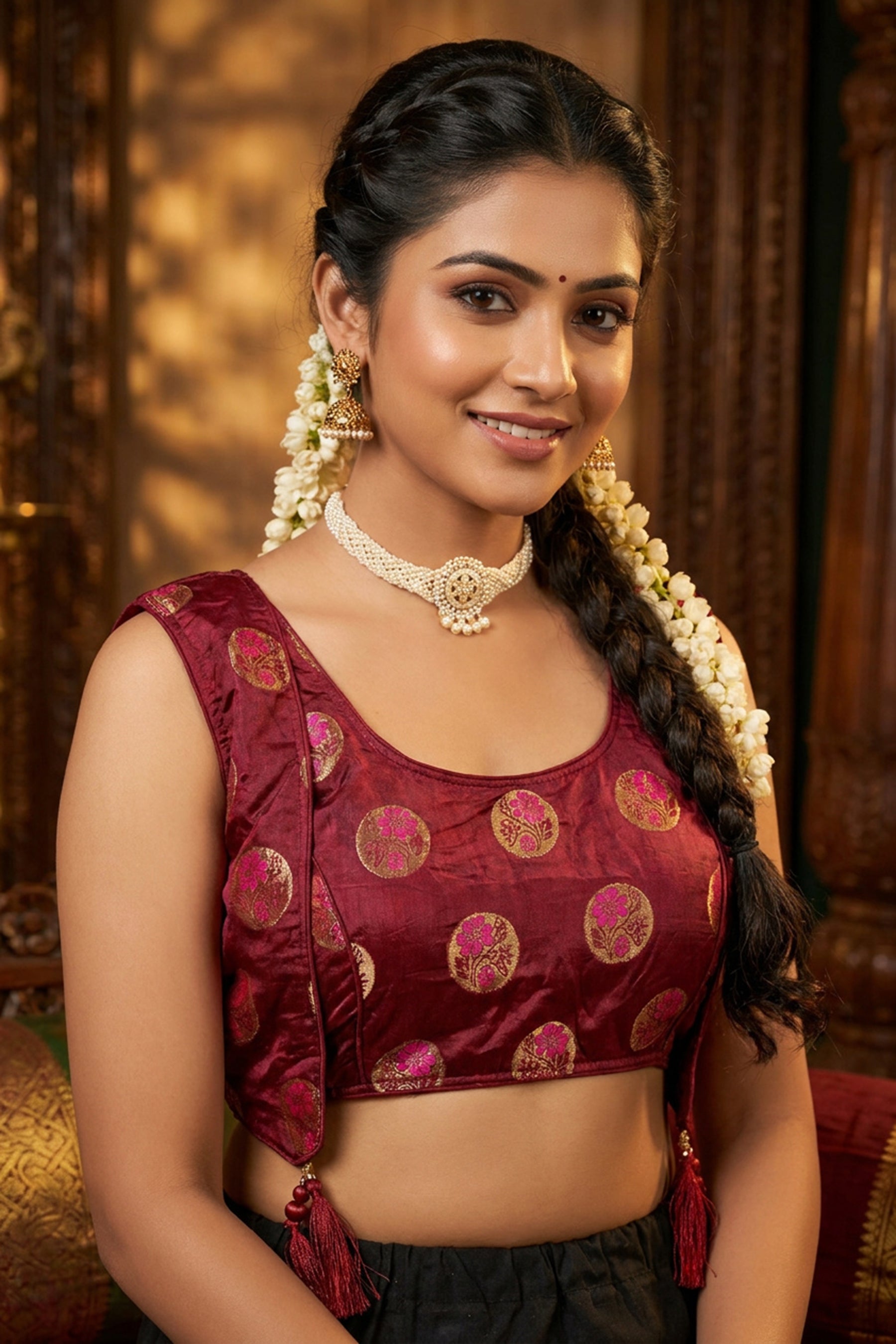 Maroon Readymade Designer Padded Blouse with Jari Work, Tassel Detailing and Back Knot for Women