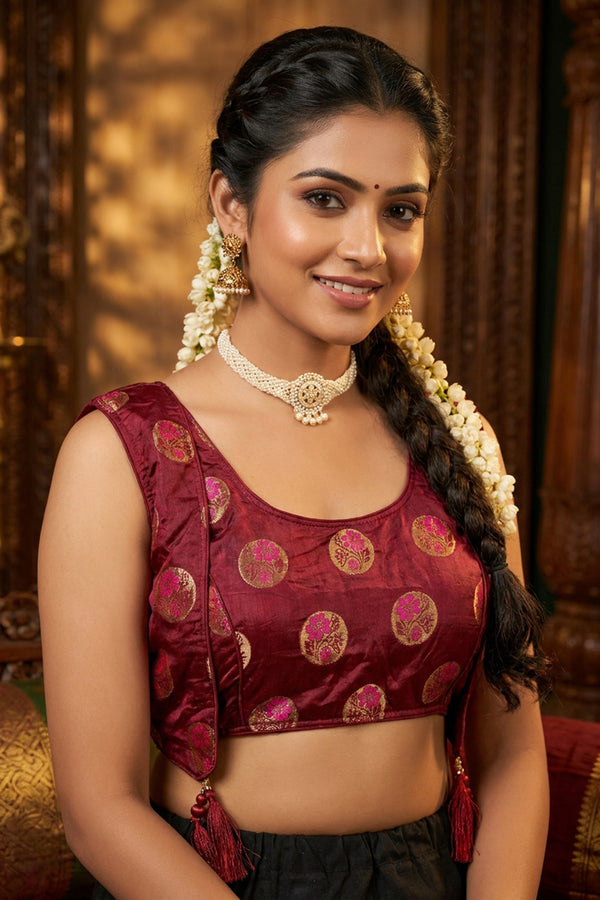 Maroon Readymade Designer Padded Blouse with Jari Work, Tassel Detailing and Back Knot for Women