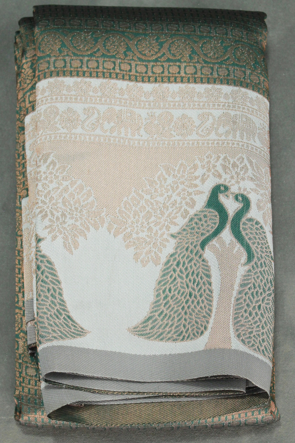 Dark Green Kubera Silk Saree with Peacock Border and Blouse, Semi Silk Traditional Wear - Dark Green