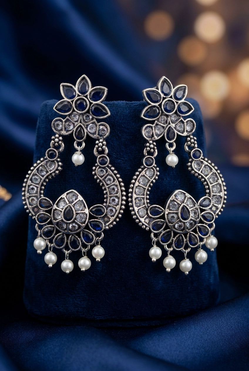 Dark Blue Oxidized Silver Floral Teardrop Stone Pearl Drop Fashion Earrings - Dark Blue