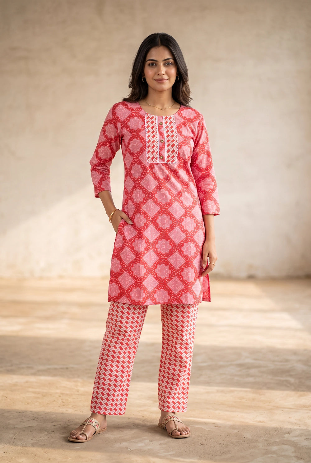 Pink Cotton Kurti with Matching Printed Pant Set for Women | Lace Detail & Decorative Buttons - Pink