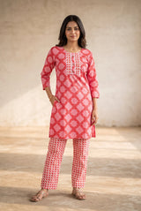 Pink Cotton Kurti with Matching Printed Pant Set for Women | Lace Detail & Decorative Buttons - Pink