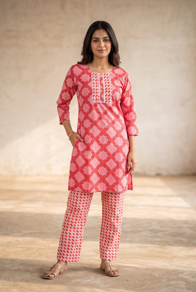 Pink Cotton Kurti with Matching Printed Pant Set for Women | Lace Detail & Decorative Buttons - Pink