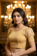 Sandal Colour Readymade Designer Stretch Blouse with Puff Sleeves and Zari Motifs, Fully Stitched - Sandal
