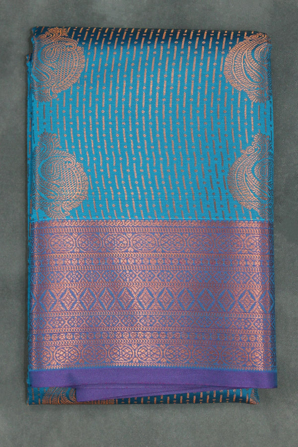 Blue Bridal Kanjivaram Style Pattu Saree with Full Body Zari Work and Contrast Border - Blue