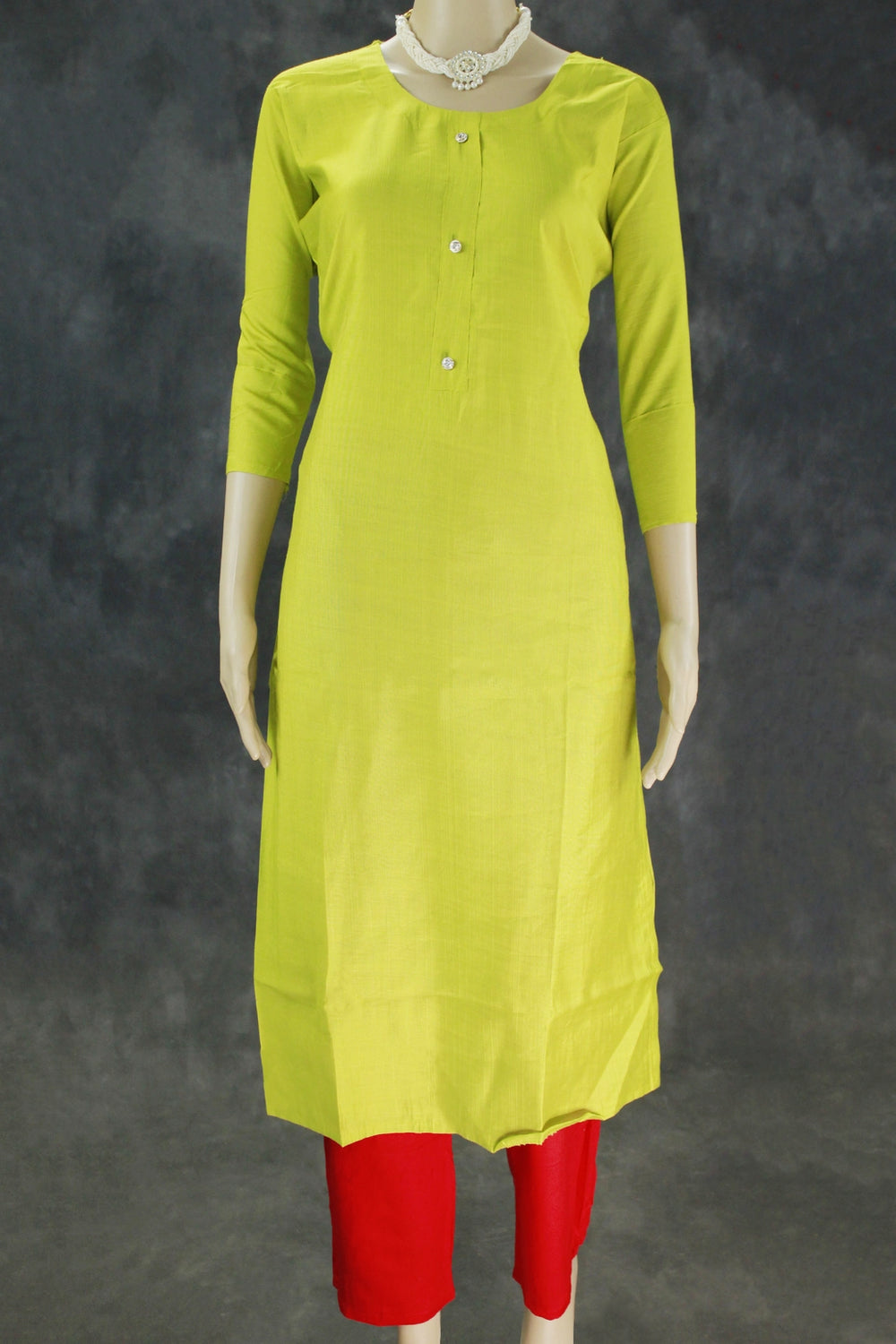 Cotton Lime Green Kurta Set with Red Elastic Pants - 2 Piece Kurti & Pant - Lime Green