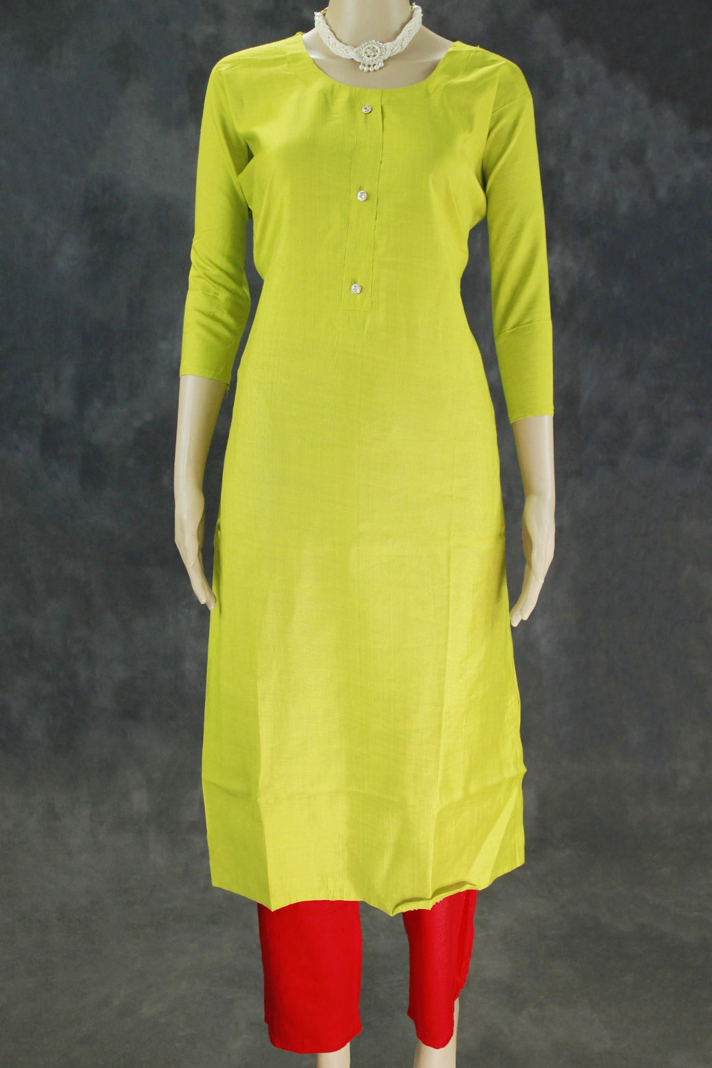Cotton Lime Green Kurta Set with Red Elastic Pants - 2 Piece Kurti & Pant - Lime Green