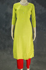 Cotton Lime Green Kurta Set with Red Elastic Pants - 2 Piece Kurti & Pant - Lime Green