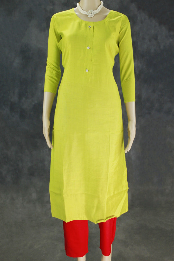 Cotton Lime Green Kurta Set with Red Elastic Pants - 2 Piece Kurti & Pant - Lime Green