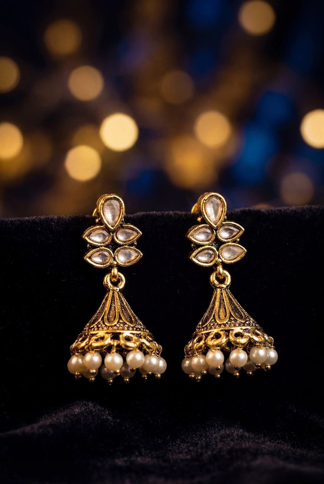 Floral Jhumka Earrings with Pearl Drops in Antique Gold-Tone Frame (Mint Green/Sea Blue/Onion Pink)
