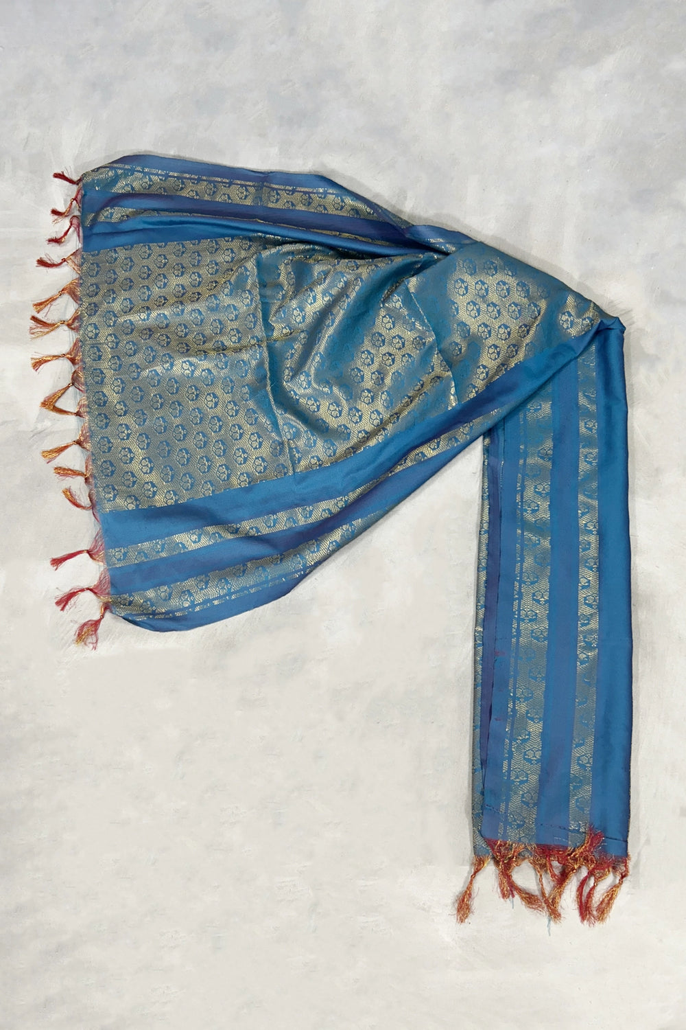 Blue Ponnadai Poly Silk Jacquard Temple Shawl with Zari Pattern & Tassels | South Indian Function Dupatta - Blue