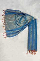 Blue Ponnadai Poly Silk Jacquard Temple Shawl with Zari Pattern & Tassels | South Indian Function Dupatta - Blue
