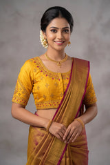 Yellow Designer Padded Blouse with Zari Work, Floral & Paisley Motifs, U-Neck, Elbow Sleeve and Back Knot - Yellow