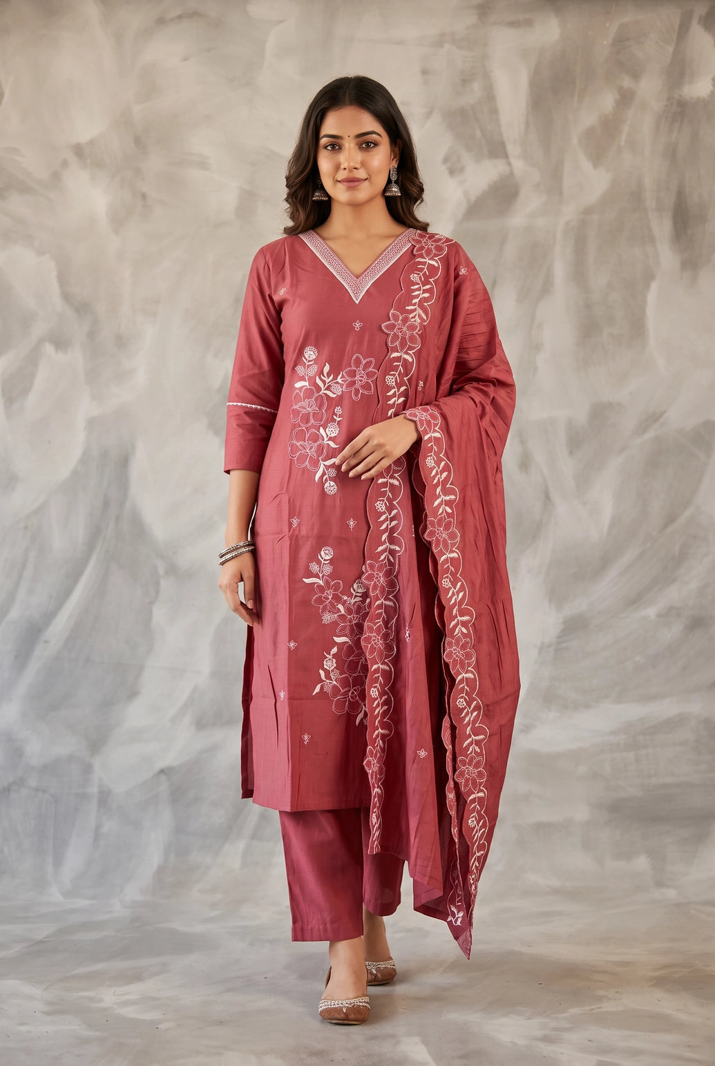 Onion Pink Roman Silk Kurti Set with Floral Embroidery, V-Neck, Pant & Matching Dupatta - Onion Pink