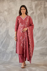 Onion Pink Roman Silk Kurti Set with Floral Embroidery, V-Neck, Pant & Matching Dupatta - Onion Pink