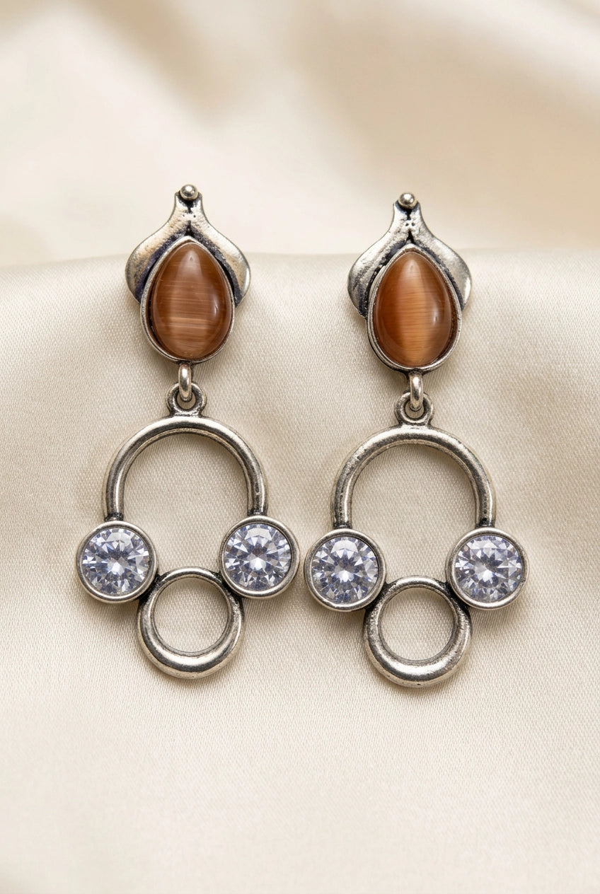 Silver-Tone Stone Drop Earrings with Circular Cluster Design for Women