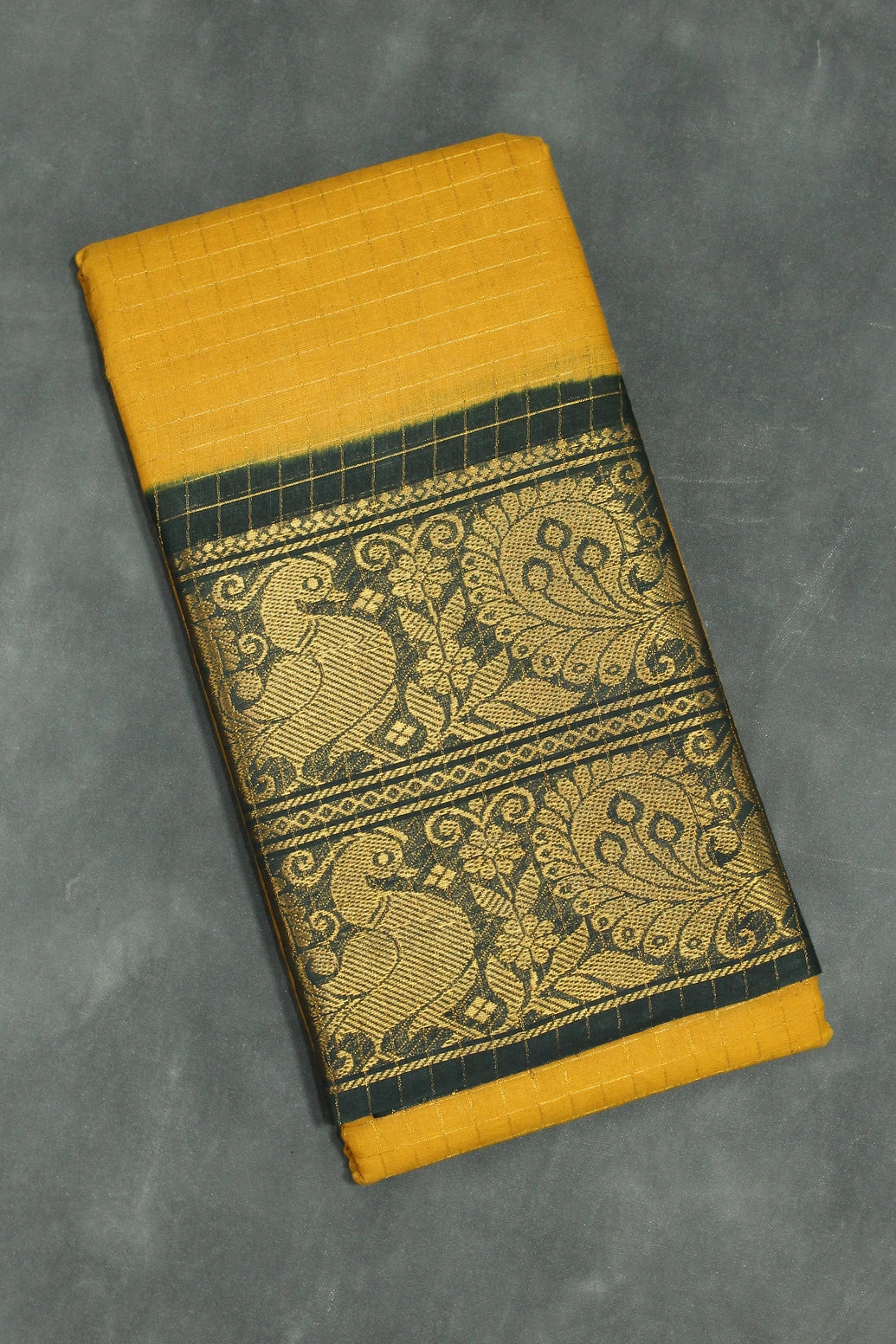 Mustard Yellow Sungudi Cotton Saree with Peacock Gold Zari Double Border - Mustard Yellow