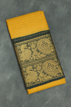 Mustard Yellow Sungudi Cotton Saree with Peacock Gold