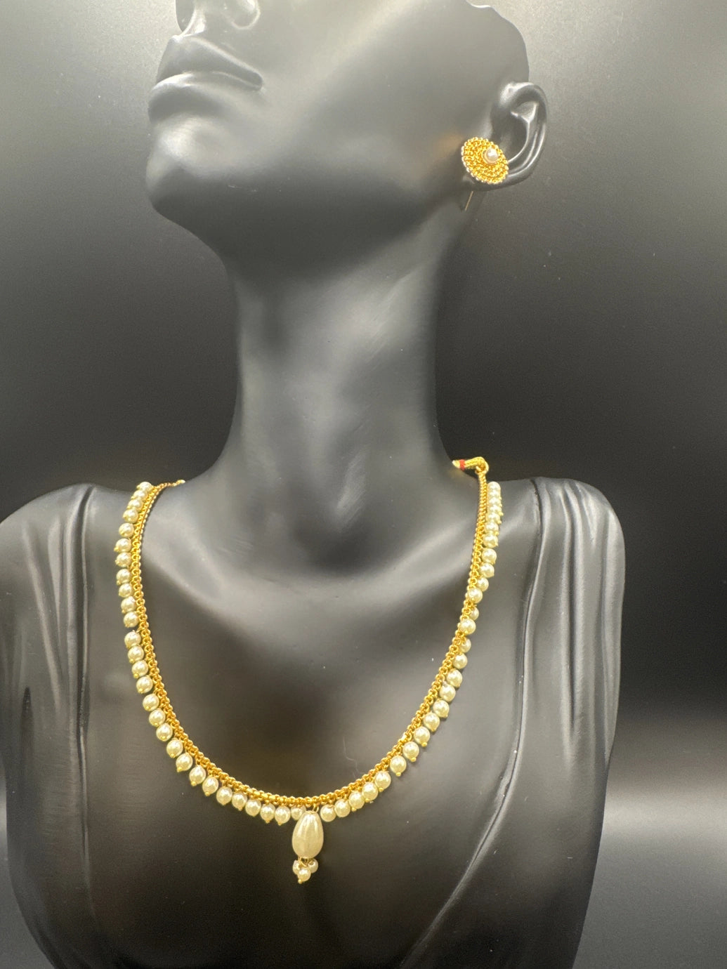 Traditional Gold-Tone Imitation Pearl Necklace Set with Center Drop Pendant and Matching Studs - Lightweight Adjustable Backing Jewelry JCS Fashions White 4.5 inch