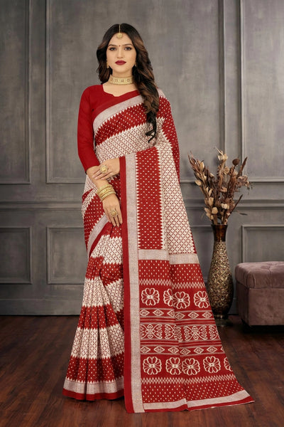 Red & White Cotton Printed Saree with Traditional Border, Everyday Wear for Women - Red & White