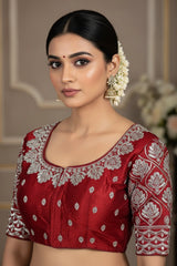 Red Zari Embroidered Padded Readymade Blouse with Floral Paisley Motifs, Elbow Sleeve and Back Knot - Red