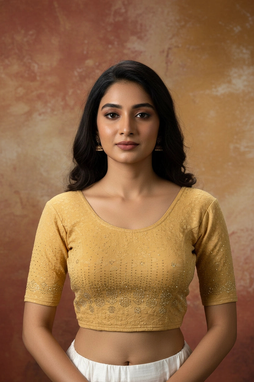 Sandal Readymade Designer Blouse, Fully Stitched with Stone Work, Elbow Sleeve for Women - Sandal