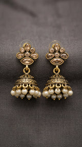 Antique Gold-Tone Floral Jhumka Earrings with Pearl Bead Danglers for Traditional Festive Wear - Gold