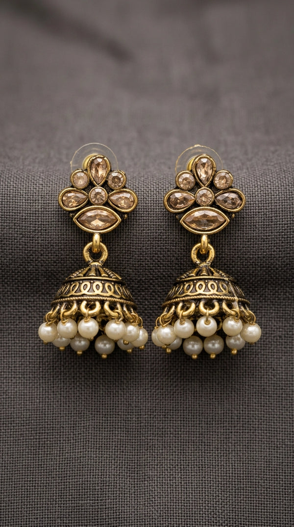 Antique Gold-Tone Floral Jhumka Earrings with Pearl Bead Danglers for Traditional Festive Wear - Gold