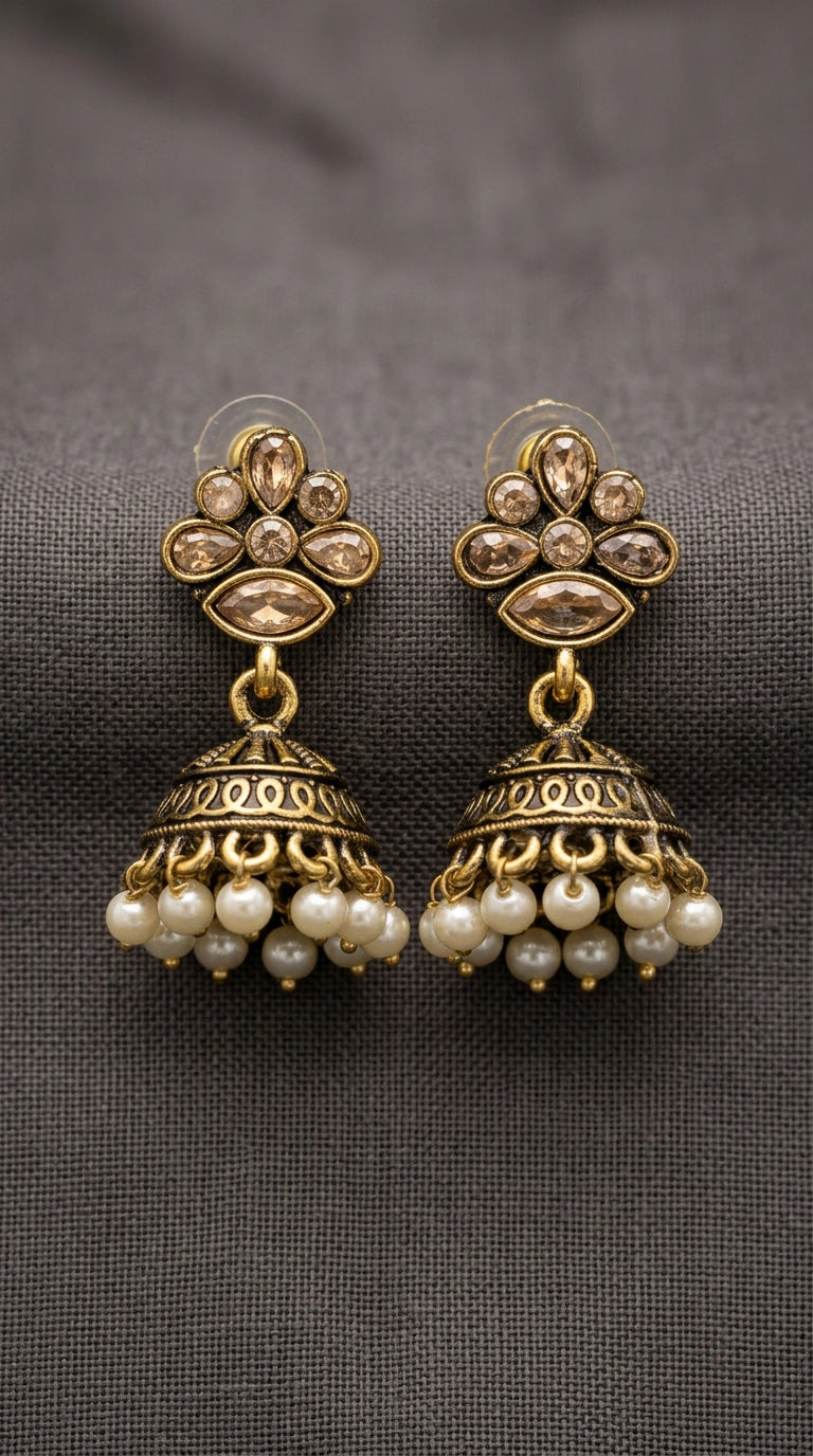 Antique Gold-Tone Floral Jhumka Earrings with Pearl Bead Danglers for Traditional Festive Wear - Gold
