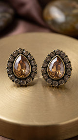 Gold-Tone Teardrop Stud Earrings with Champagne Crystal Halo for Traditional and Festive Wear - Gold