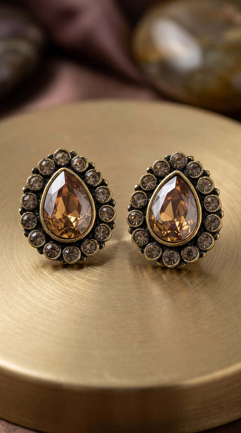 Gold-Tone Teardrop Stud Earrings with Champagne Crystal Halo for Traditional and Festive Wear - Gold