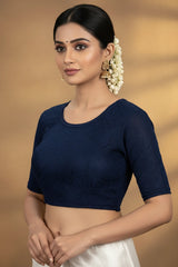 Navy Blue Readymade Designer Stretchable Blouse with Gold-Toned Bead Work, Elbow Sleeve, Back Open Design - Navy blue