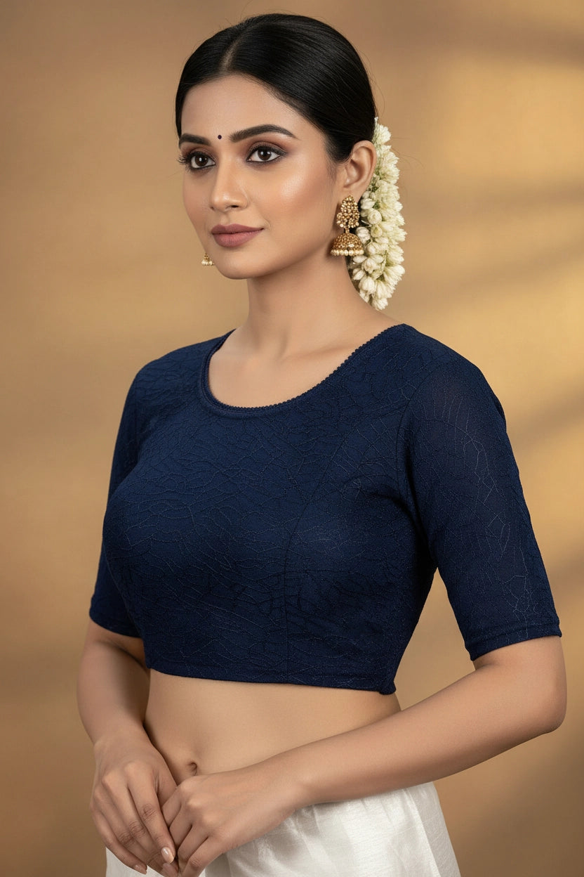 Navy Blue Readymade Designer Stretchable Blouse with Gold-Toned Bead Work, Elbow Sleeve, Back Open Design - Navy blue
