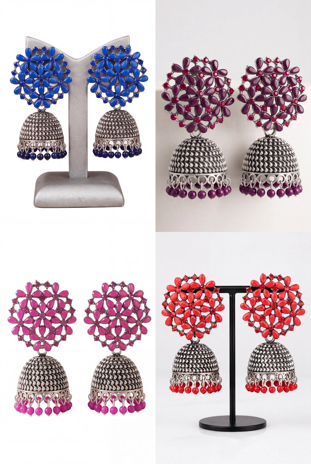 Traditional Oxidized Silver Jhumka Earrings with Floral Stud and Bead Drops - Fashion Jewellery