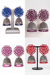 Traditional Oxidized Silver Jhumka Earrings with Floral Stud and Bead Drops - Fashion Jewellery