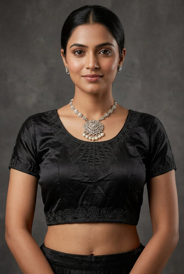 Black Readymade Designer Padded Silk Cotton Blouse with Embroidery, Short Sleeves and Back Knot - Black