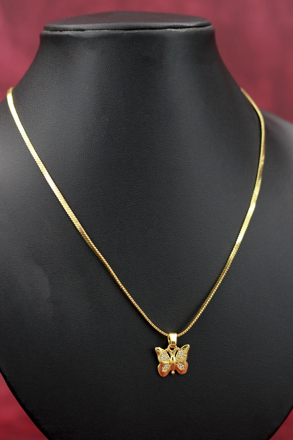 Gold-tone Textured Chain Necklace with Butterfly Pendant, Jeweled Finish for Traditional and Festive Wear - Gold