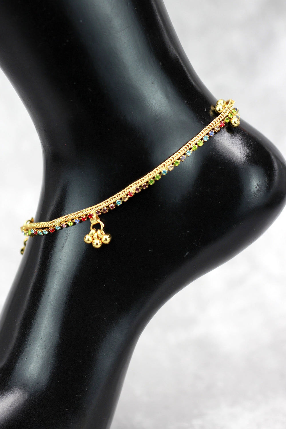 Gold-Tone Traditional South Indian Anklet with Multi-Color Stones and Jhumka Motifs for Women - Gold