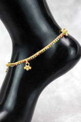 Gold-Tone Traditional South Indian Anklet with Multi-Color Stones and Jhumka Motifs for Women - Gold