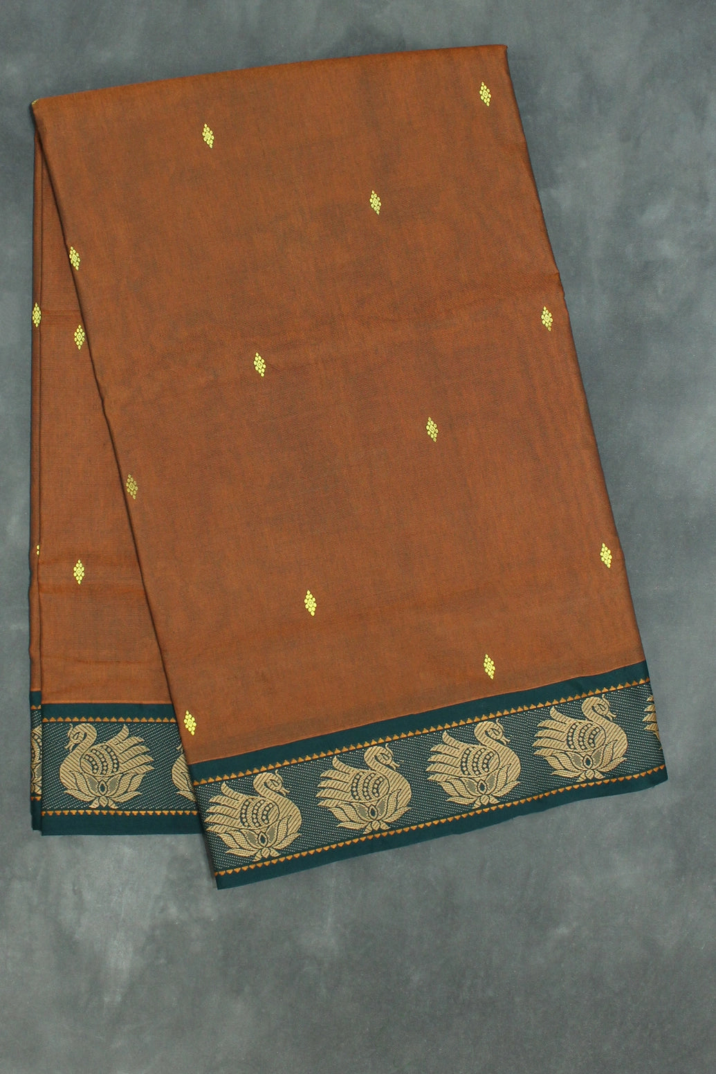 Brown Poly Cotton Butta Saree with Dark Green Thread Border - Traditional Indian Saree Saree JCS Fashions Brown 5.5 meters